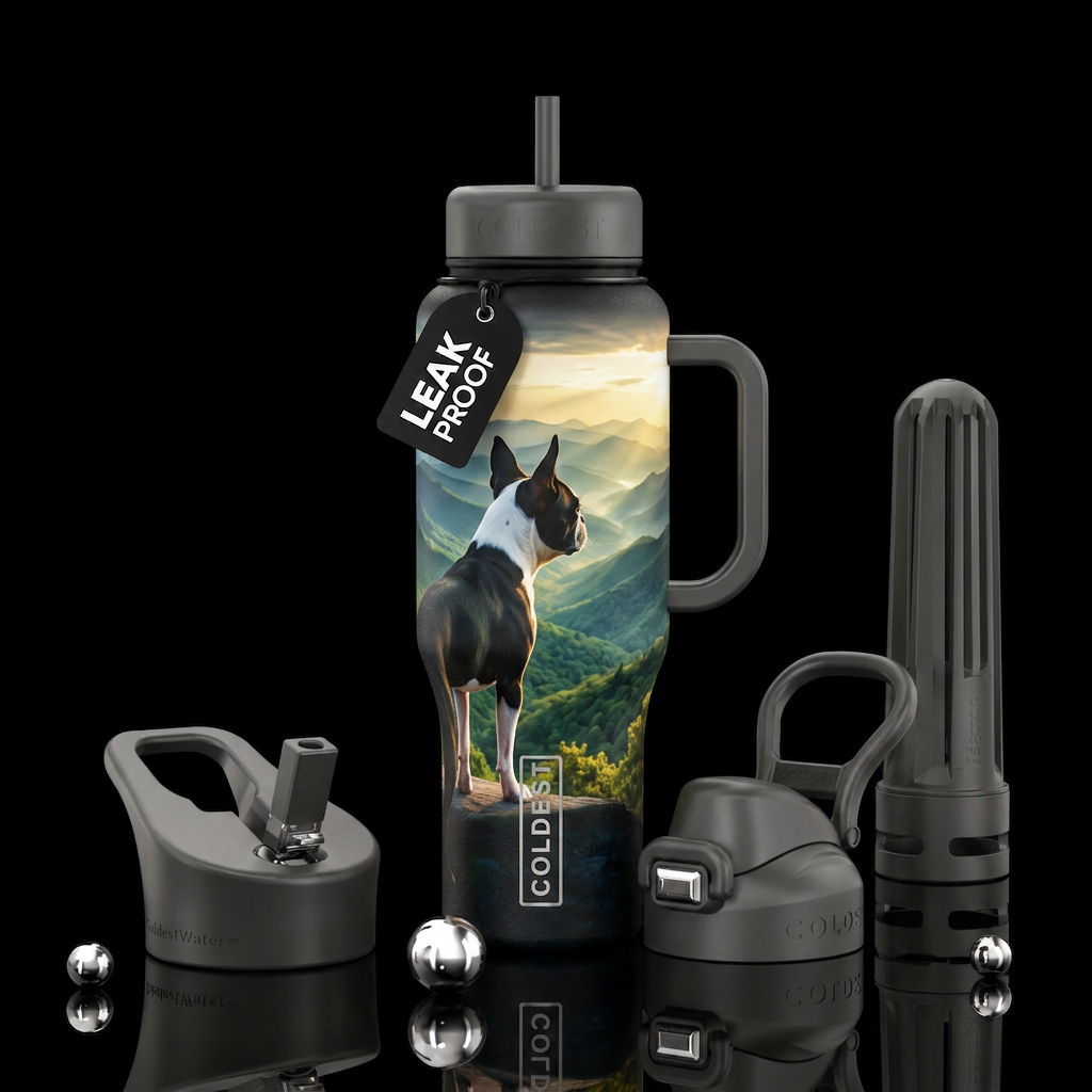 Black and white Boston terrier standing on a ledge... water bottle design