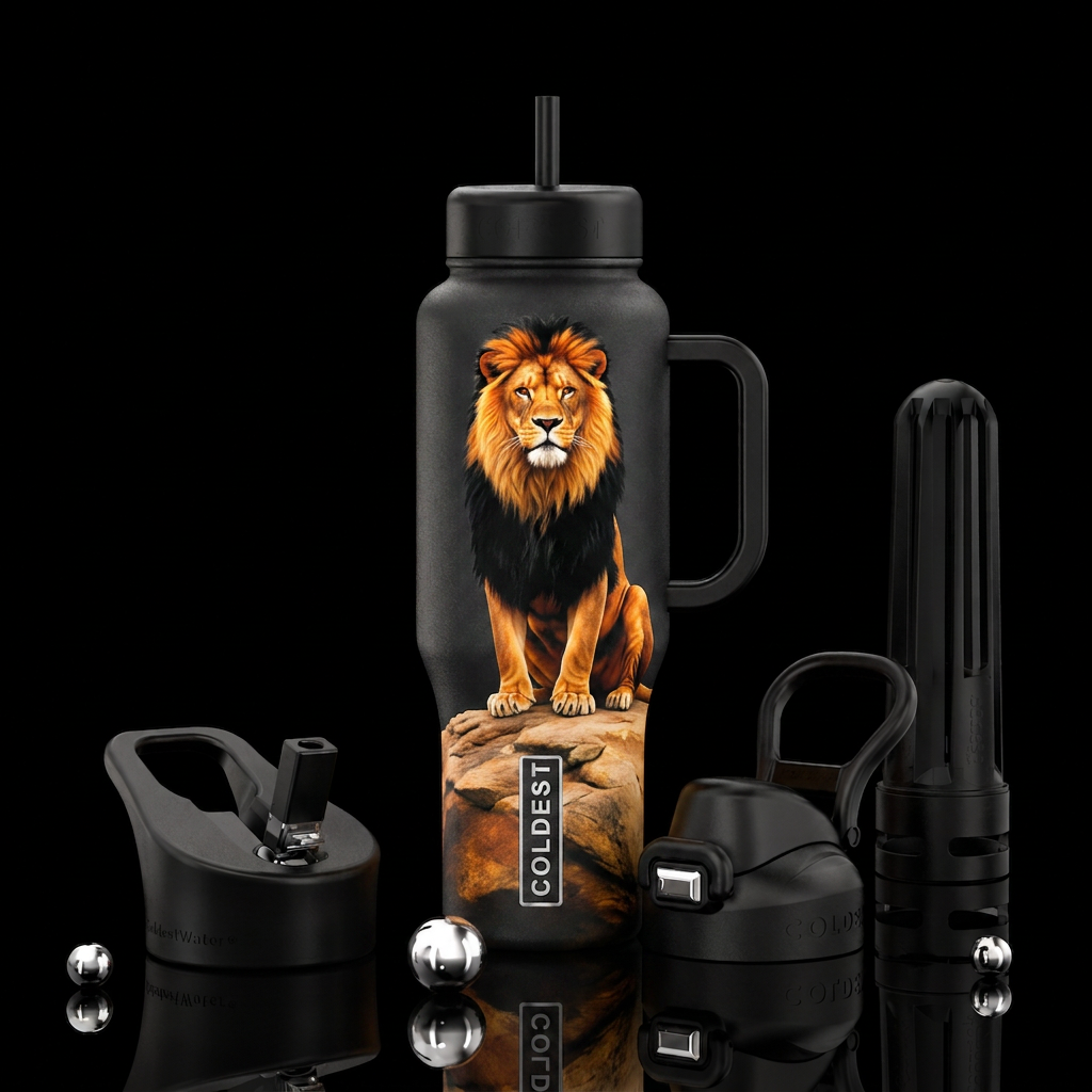 A lion with black main sitting ona rock formation. water bottle design
