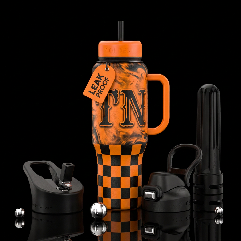 Orange and black TN with checkered black and orang... water bottle design