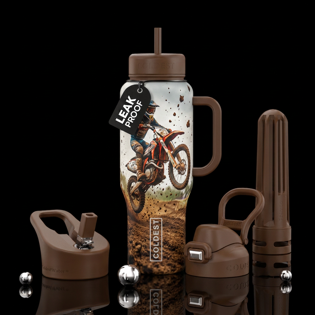 Dirt bike and rider jumping in the mid air with mu... water bottle design
