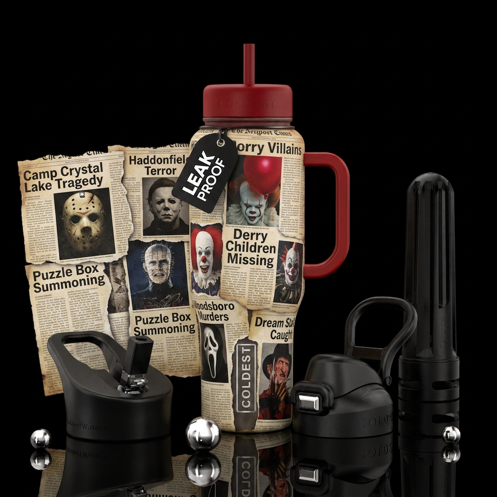 Horror villains news paper clippings Jason, Michae... water bottle design