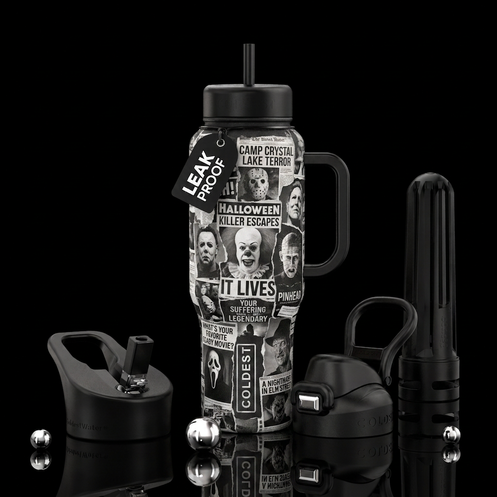 Horror villains news paper clippings Jason, Michae... water bottle design