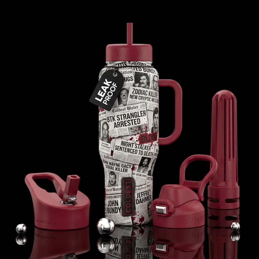 Serial killers news paper clippings in black and w... water bottle design