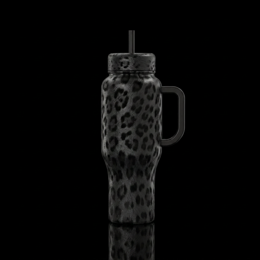 black with leporad print underneath the black. Bla... water bottle design