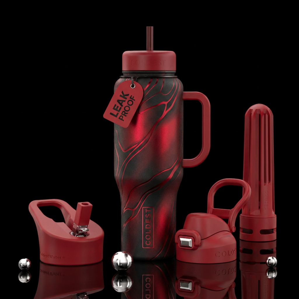 h deep red highlights. water bottle design