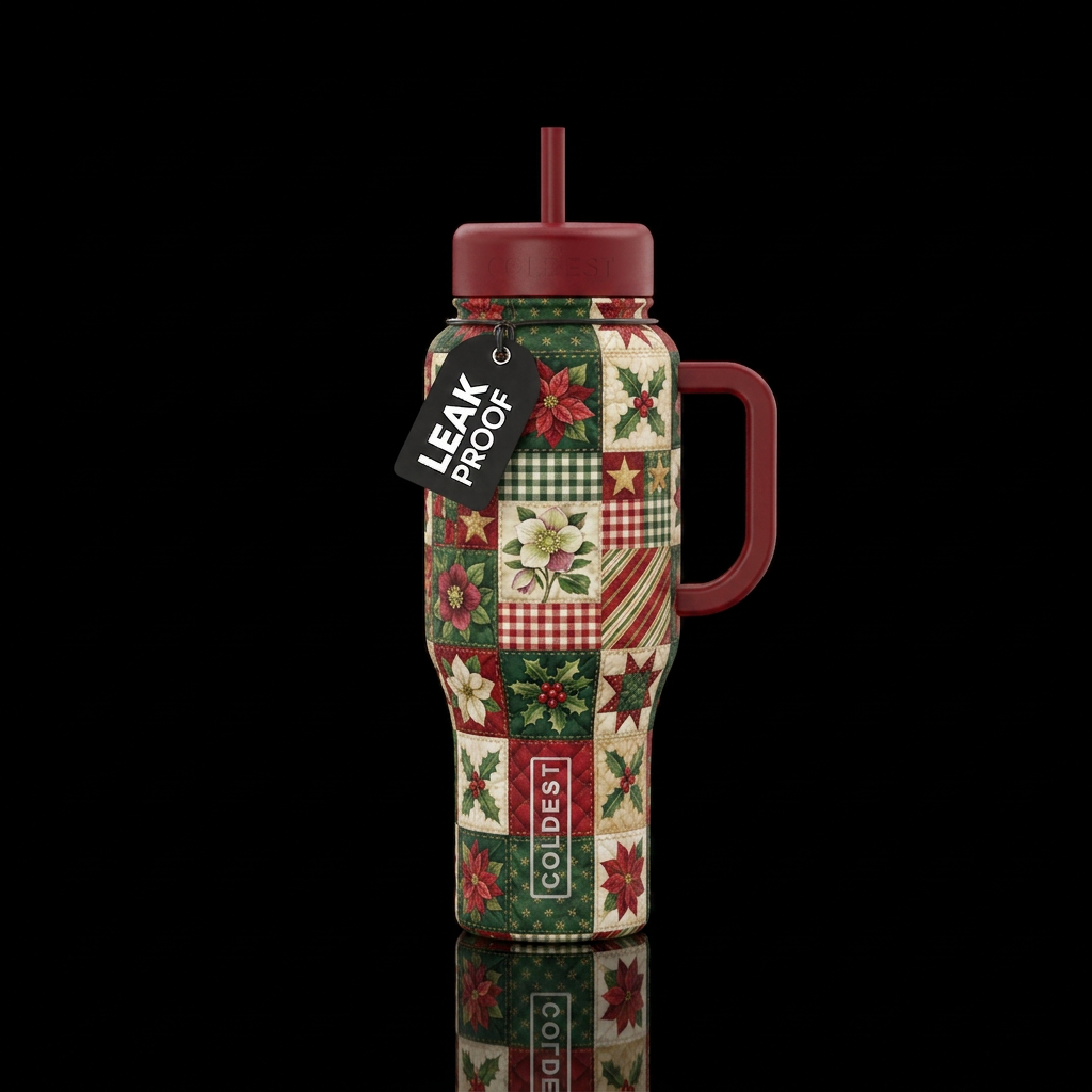 Quit pattern s in Christmas colors with flowers an... water bottle design