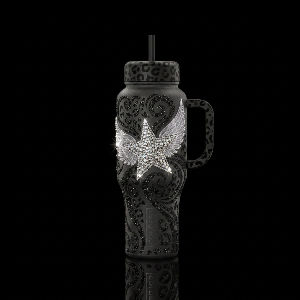 A star gained her wings. And black leporad pattern... water bottle design