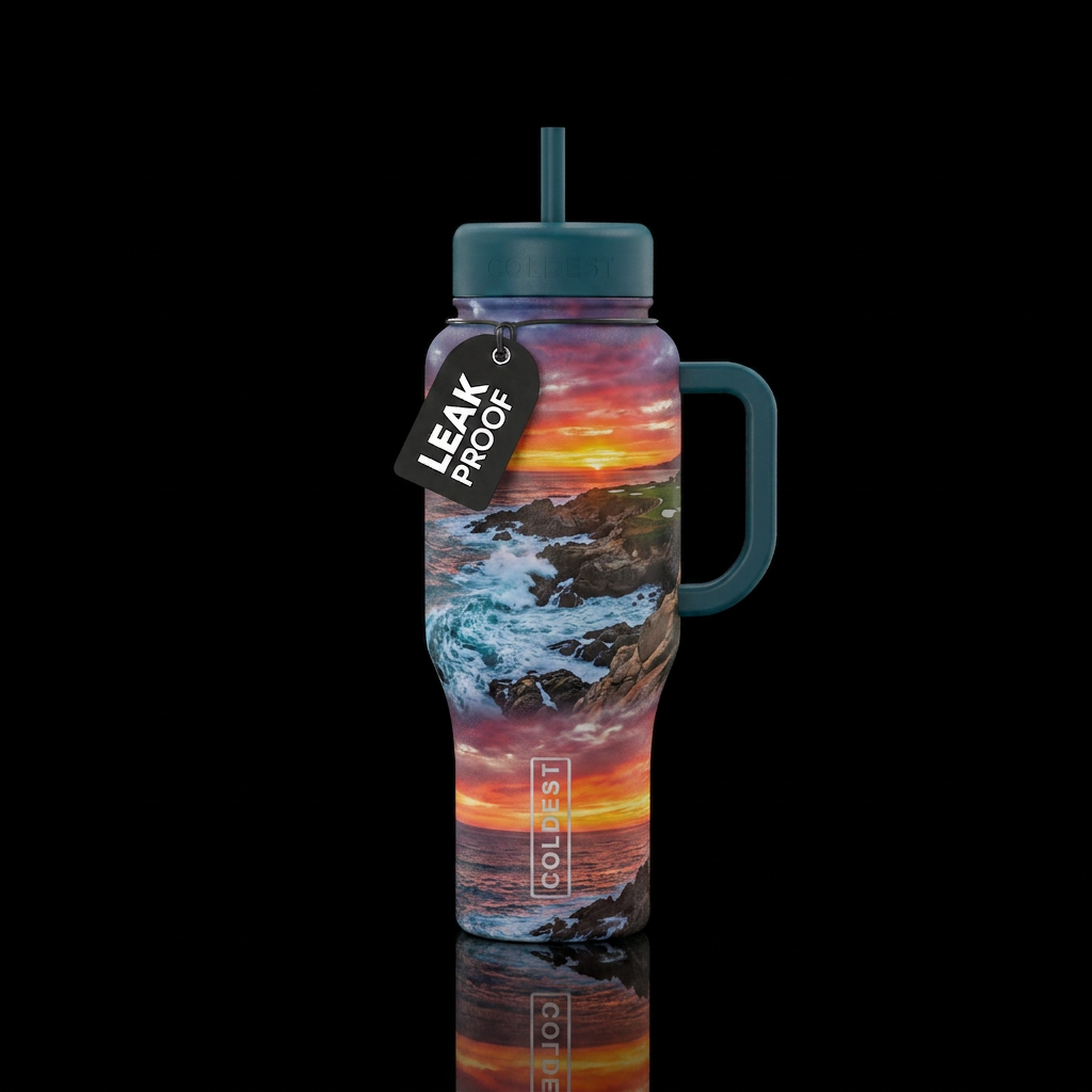 Pebble beach golf course with the ovens crashing a... water bottle design