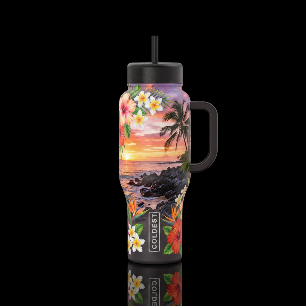 Hawaii tropical flowers in full bloom all over wit... water bottle design
