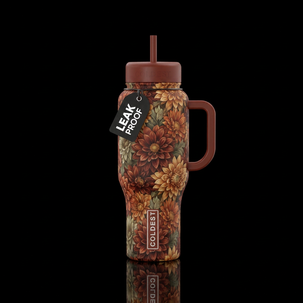 Fall flowers with red-brown color water bottle design