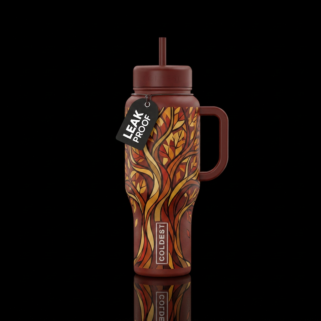 Fall trees abdtract. with red-brown color water bottle design