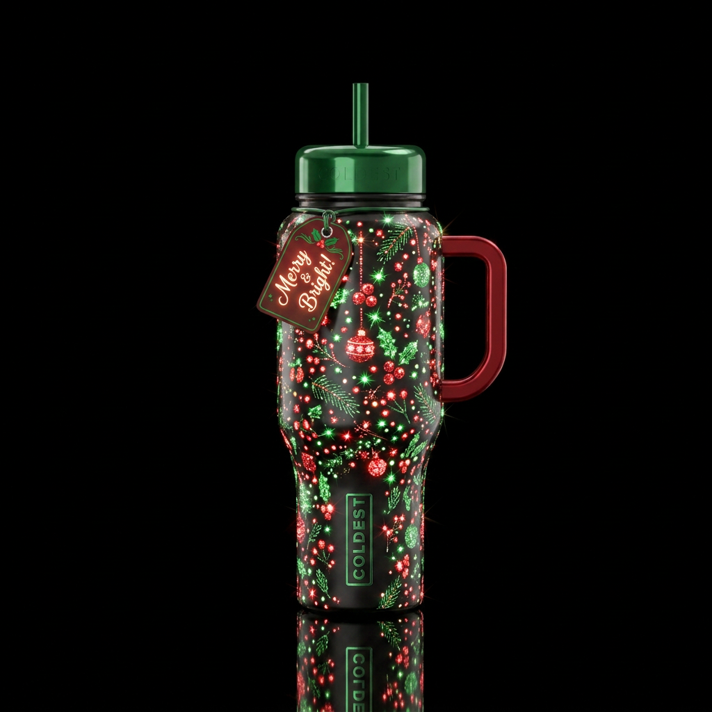 Christmas in bright red and green. Show them lit u... water bottle design