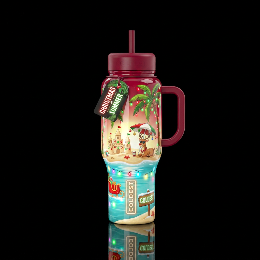 Christmas in the summer in bright red and green. S... water bottle design