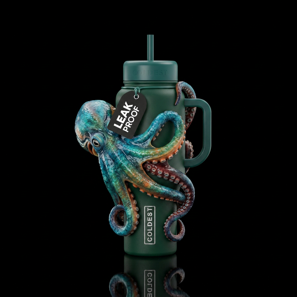 Kraken wrapped around the cup. Squeezing the cup. ... water bottle design
