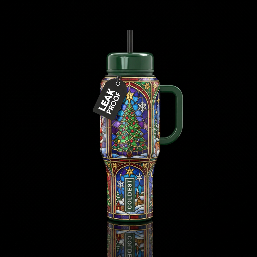 Stain glass Christmas look. Bright beautiful Chris... water bottle design