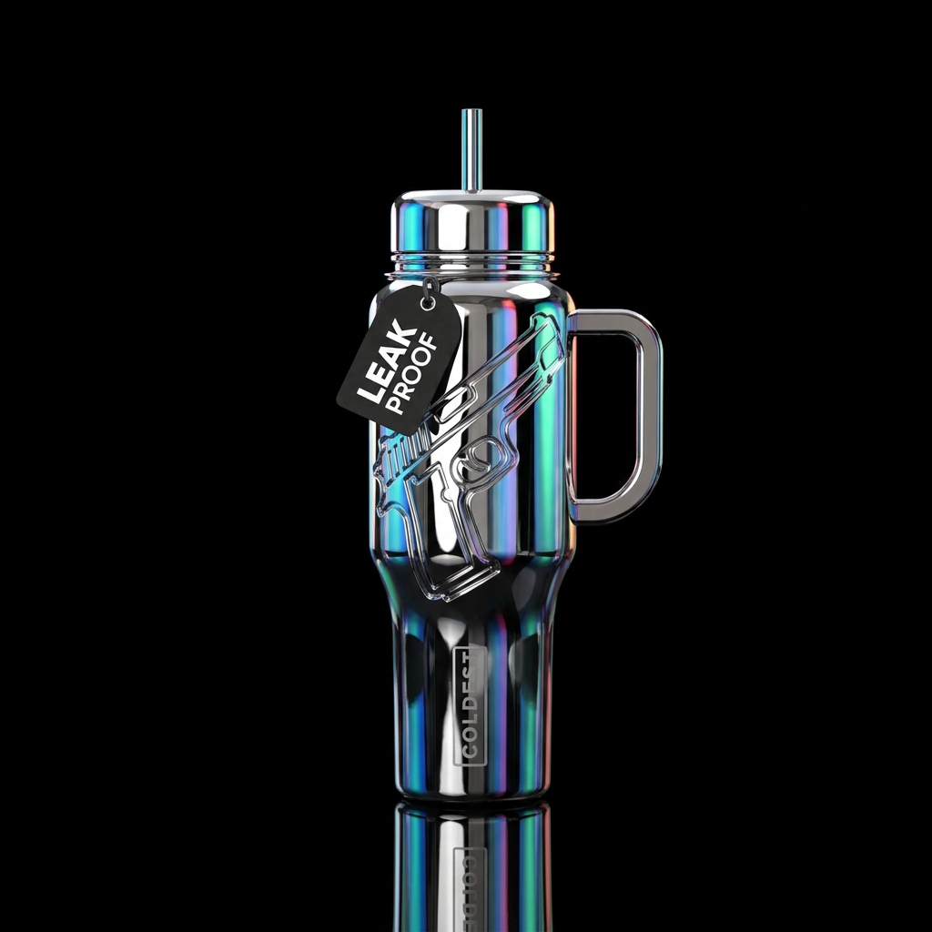 Let's do a gun. Make it crome and bold water bottle design