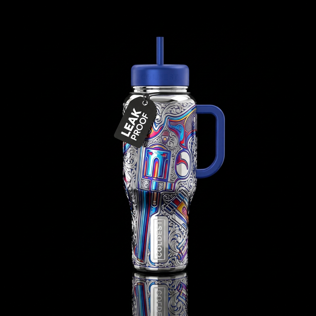 Let's do a gun. Make it crome and bold water bottle design