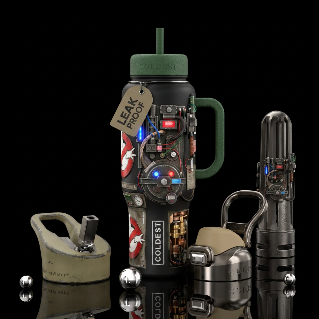 Ghostbusters, photorealistic, detailed, lifelike, ... water bottle design