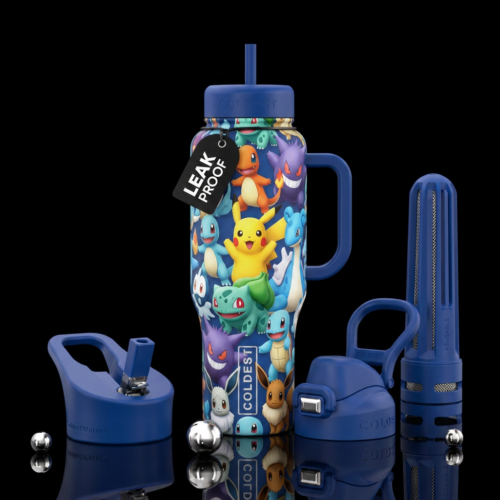 Pokemon, photorealistic, detailed, lifelike, highl... water bottle design