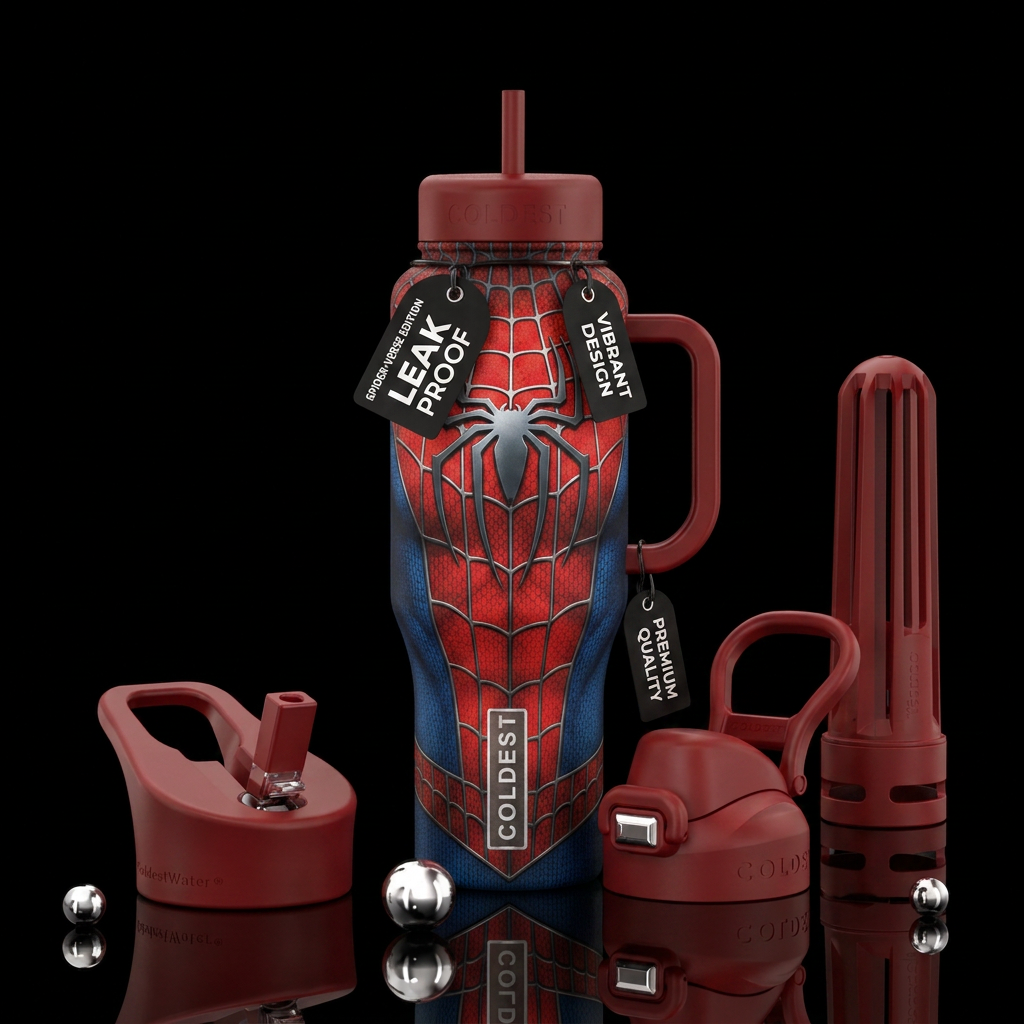 Spider man, photorealistic, detailed, lifelike, hi... water bottle design