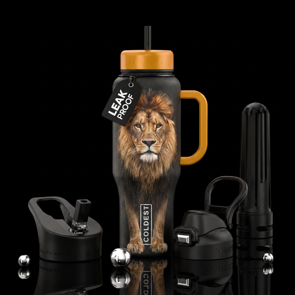 Lion, photorealistic, detailed, lifelike, highly d... water bottle design