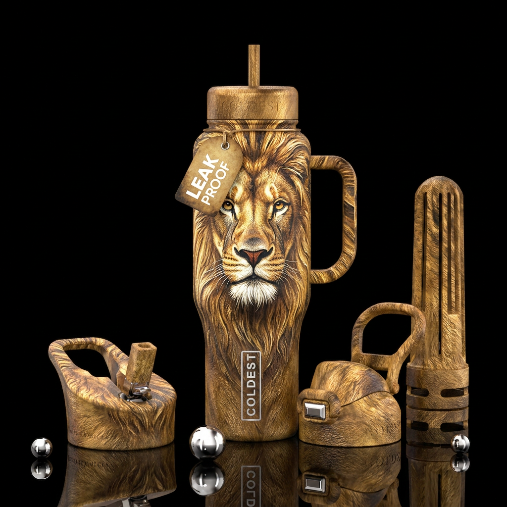 Lion, photorealistic, detailed, lifelike, highly d... water bottle design
