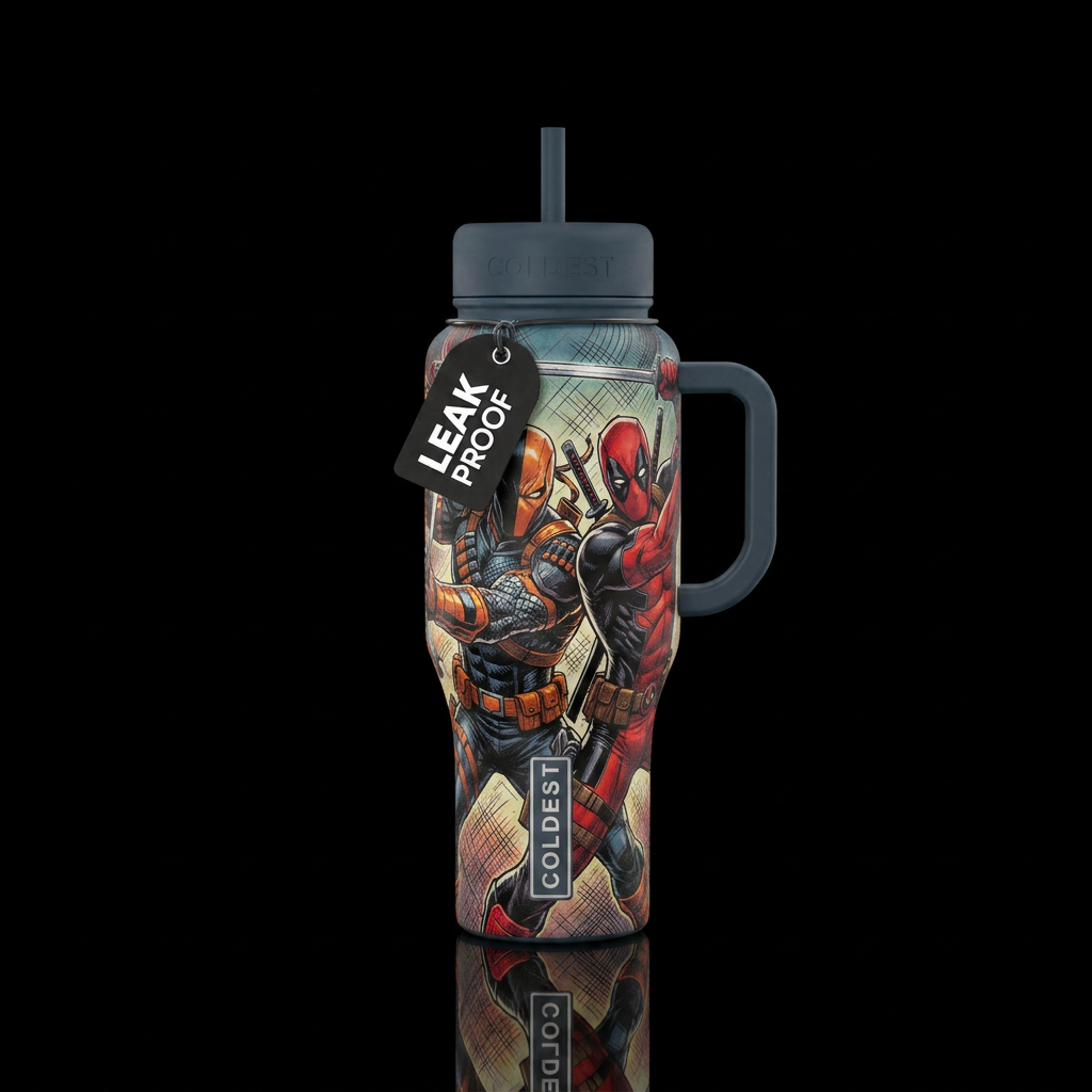 Deathstroke and Deadpool water bottle design