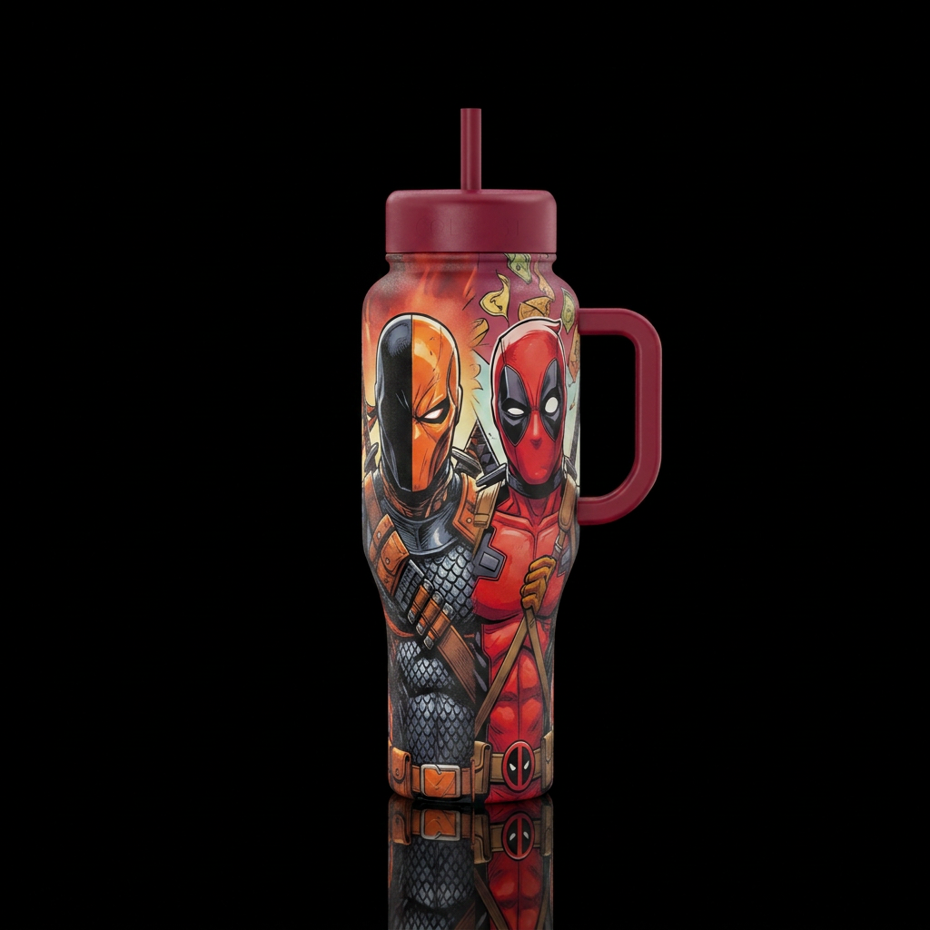 Deathstroke and Deadpool water bottle design