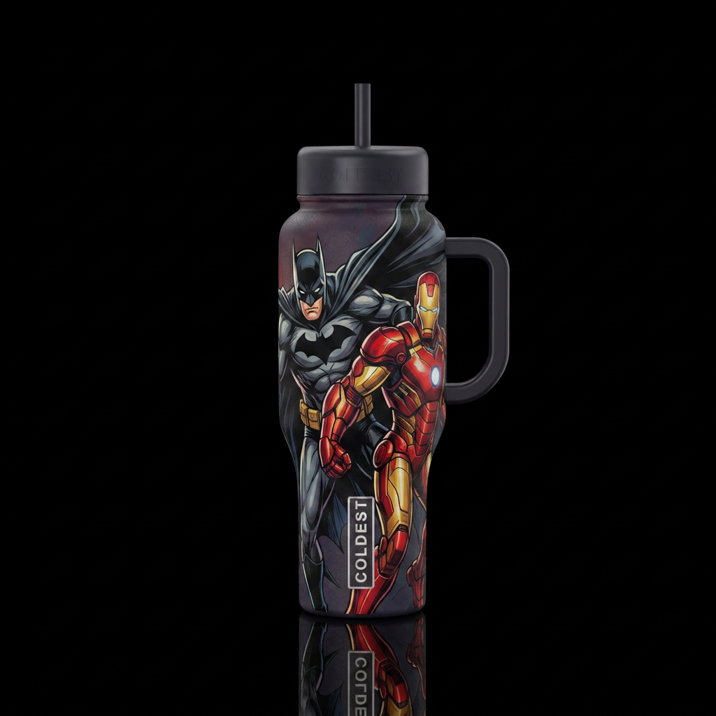 Batman and iron man water bottle design