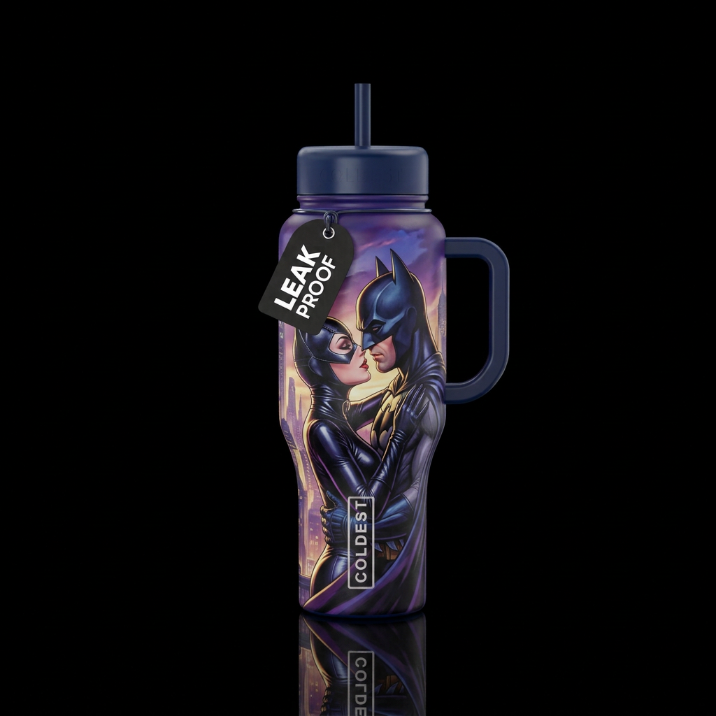 Cat woman and Batman love water bottle design