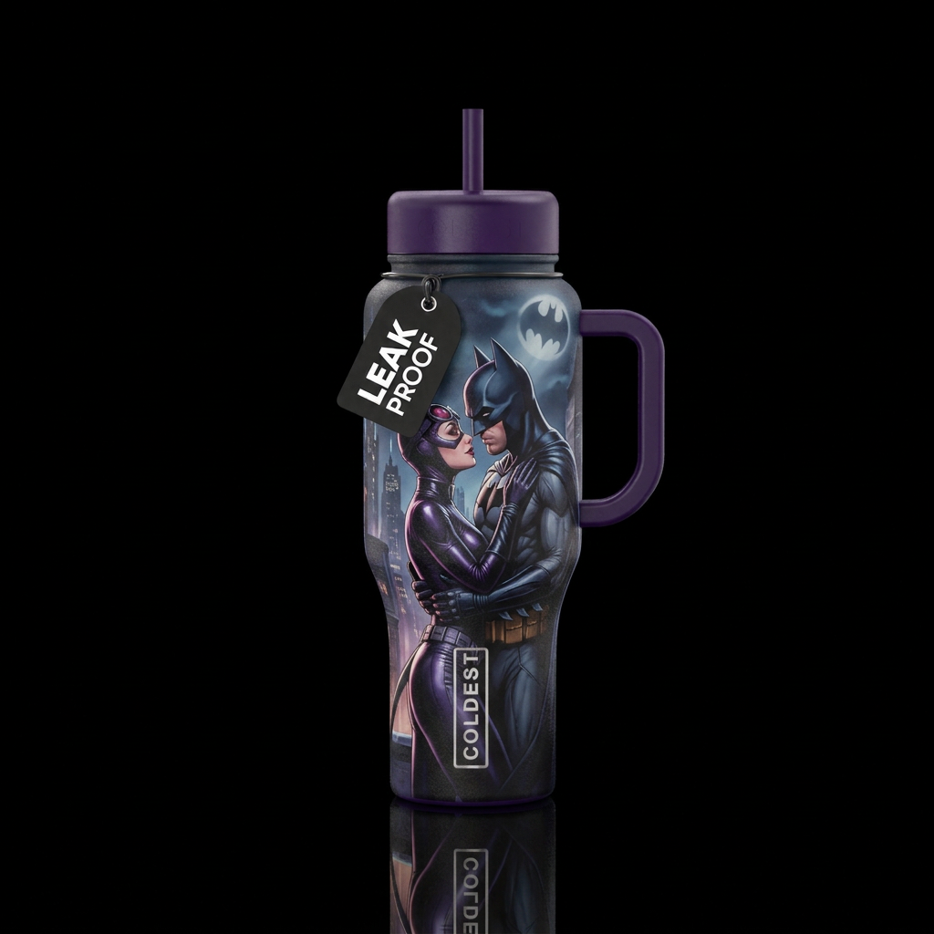 Cat woman and Batman love water bottle design