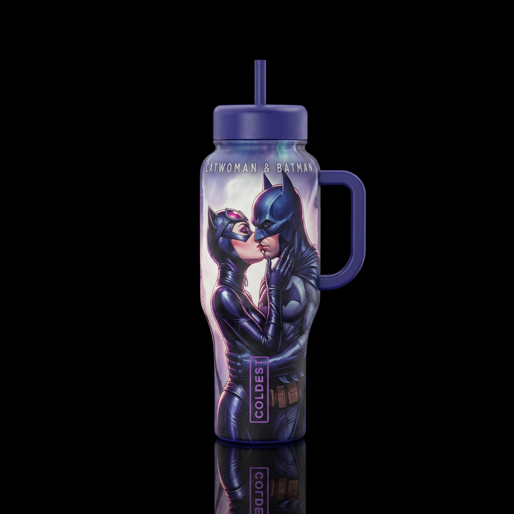 Cat woman and Batman kiss water bottle design