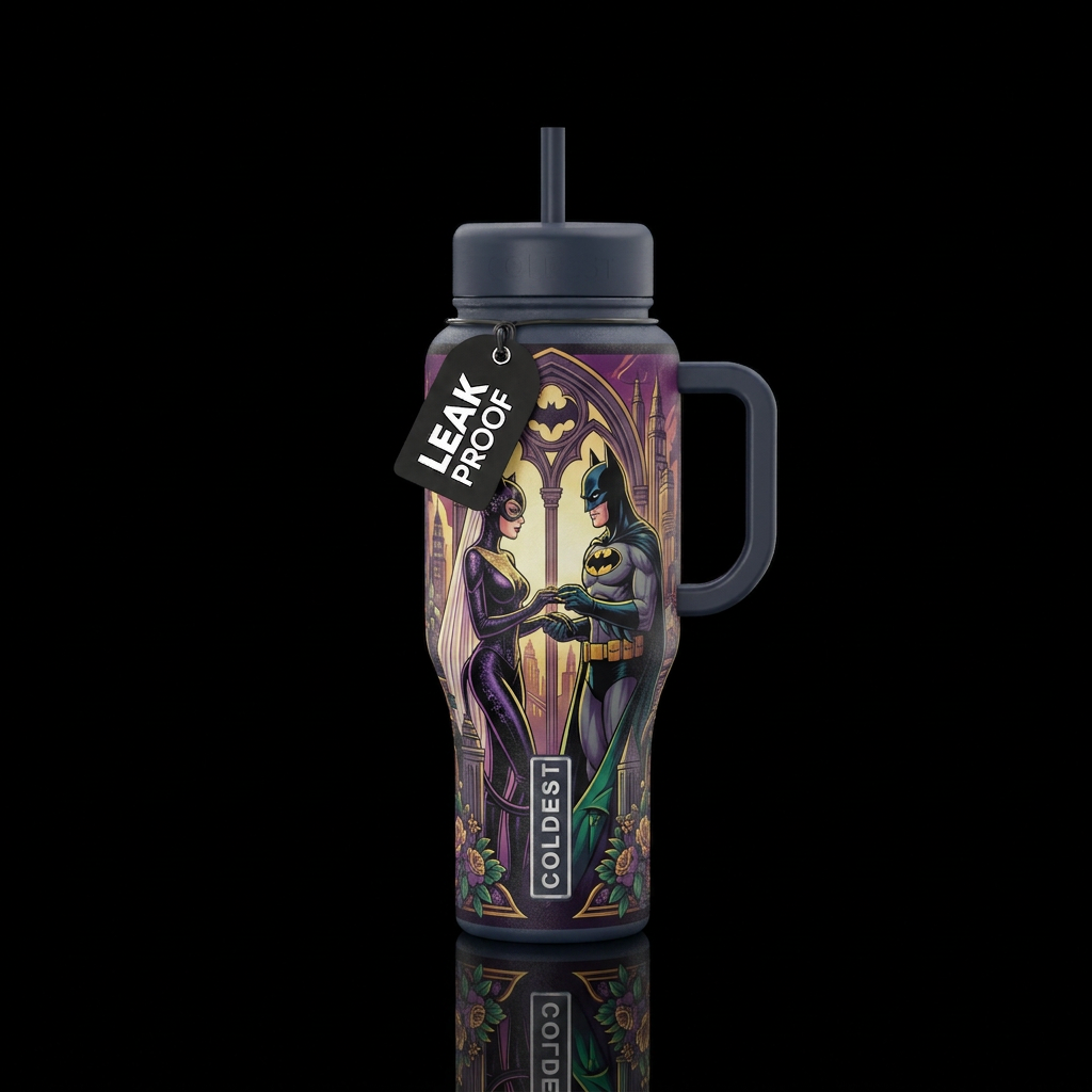 Cat woman and Batman wedding water bottle design