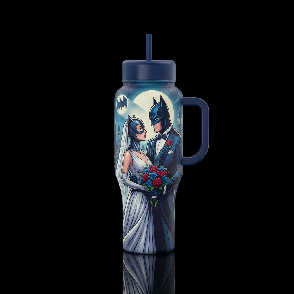 Cat woman and Batman wedding water bottle design