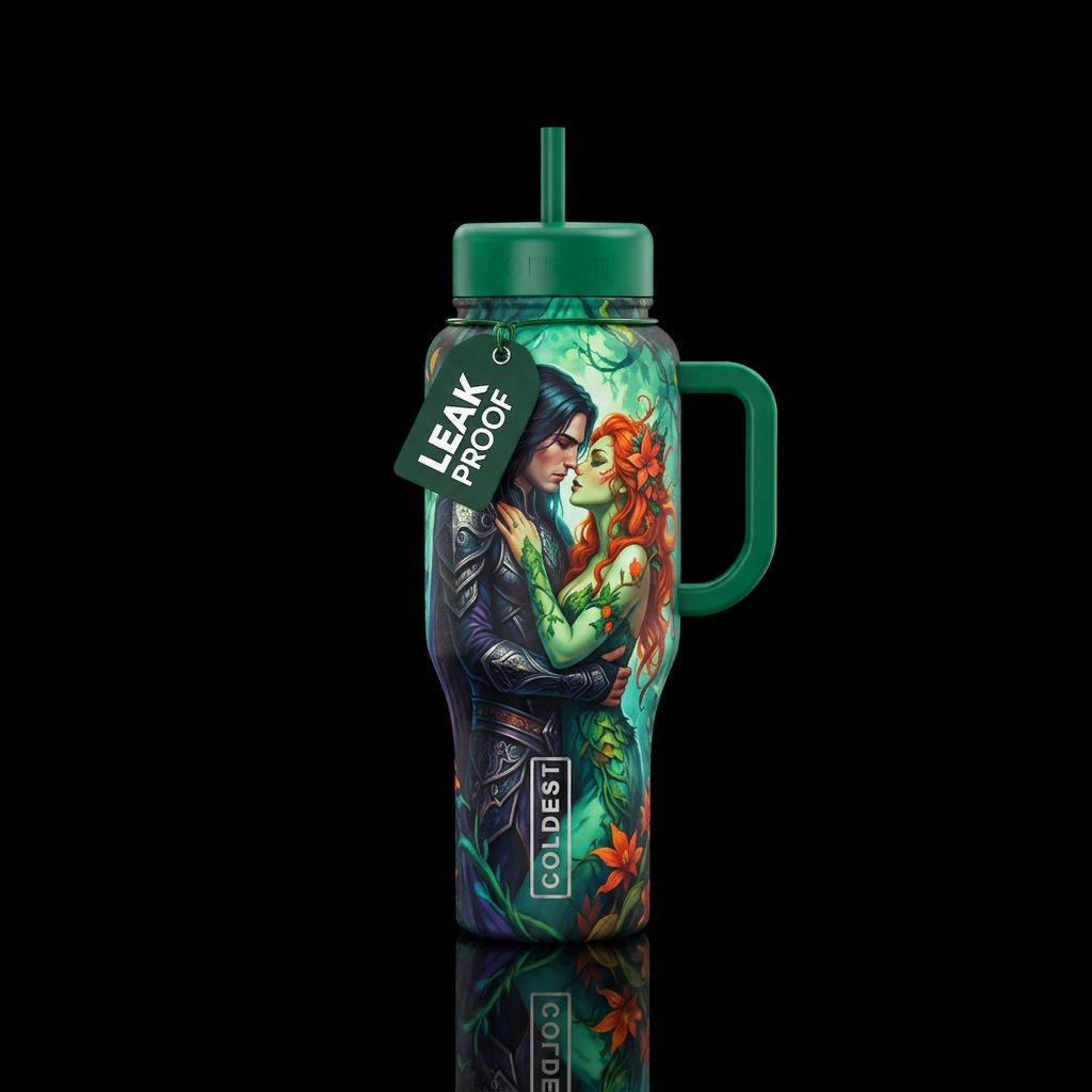 Azreal and poison Ivy love water bottle design
