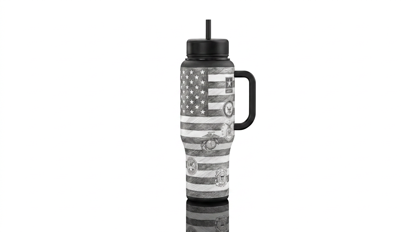 Black and white Pencil drawing of usa flag with em... water bottle design