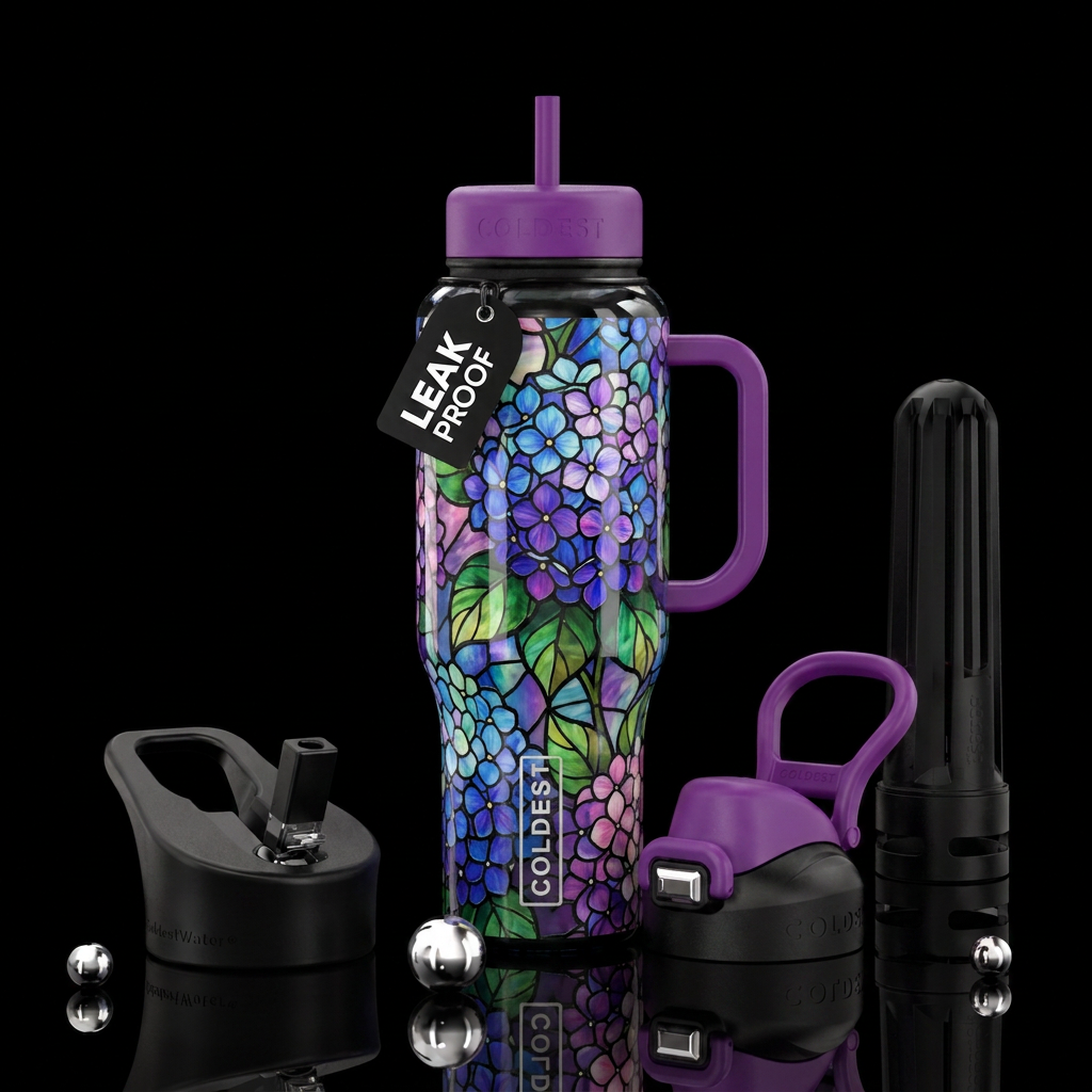 Stained glass hydrangea water bottle design
