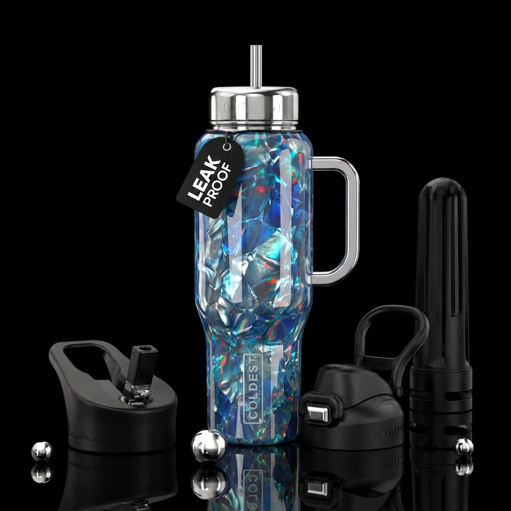 Blue fire opal with silver handle and lid water bottle design