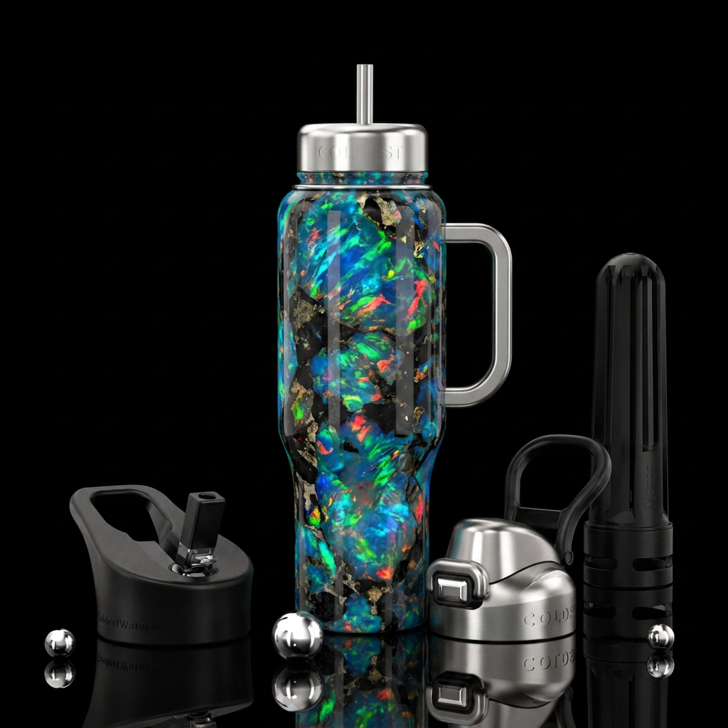 Black fire opal with silver handle and lid water bottle design