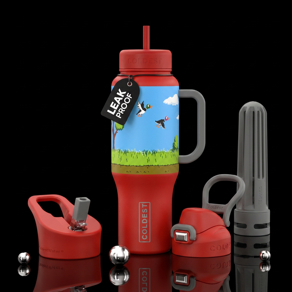 Nintendo duck hunt game with a grey handle, red li... water bottle design