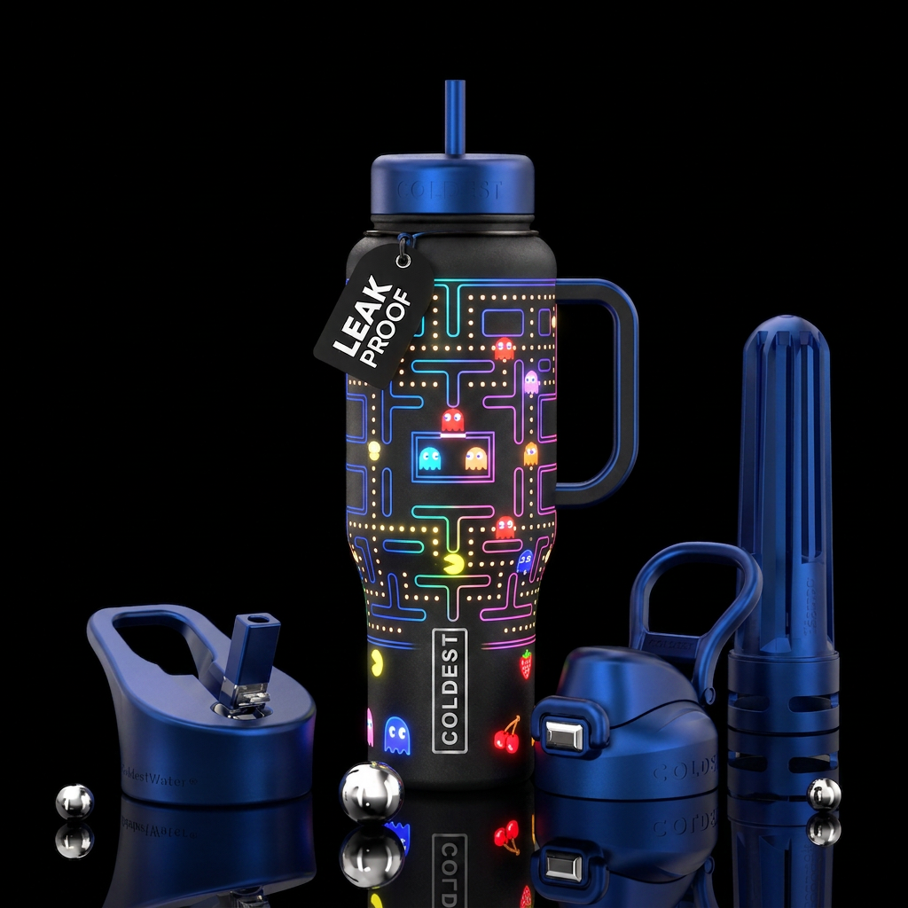 Pac-man and at night it glows colors like you ate ... water bottle design