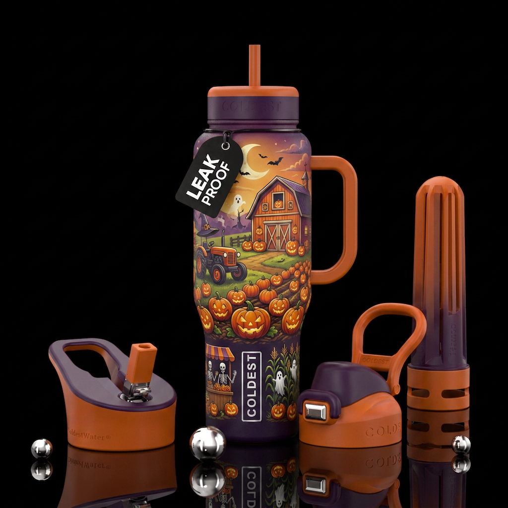 Halloween farm scene water bottle design