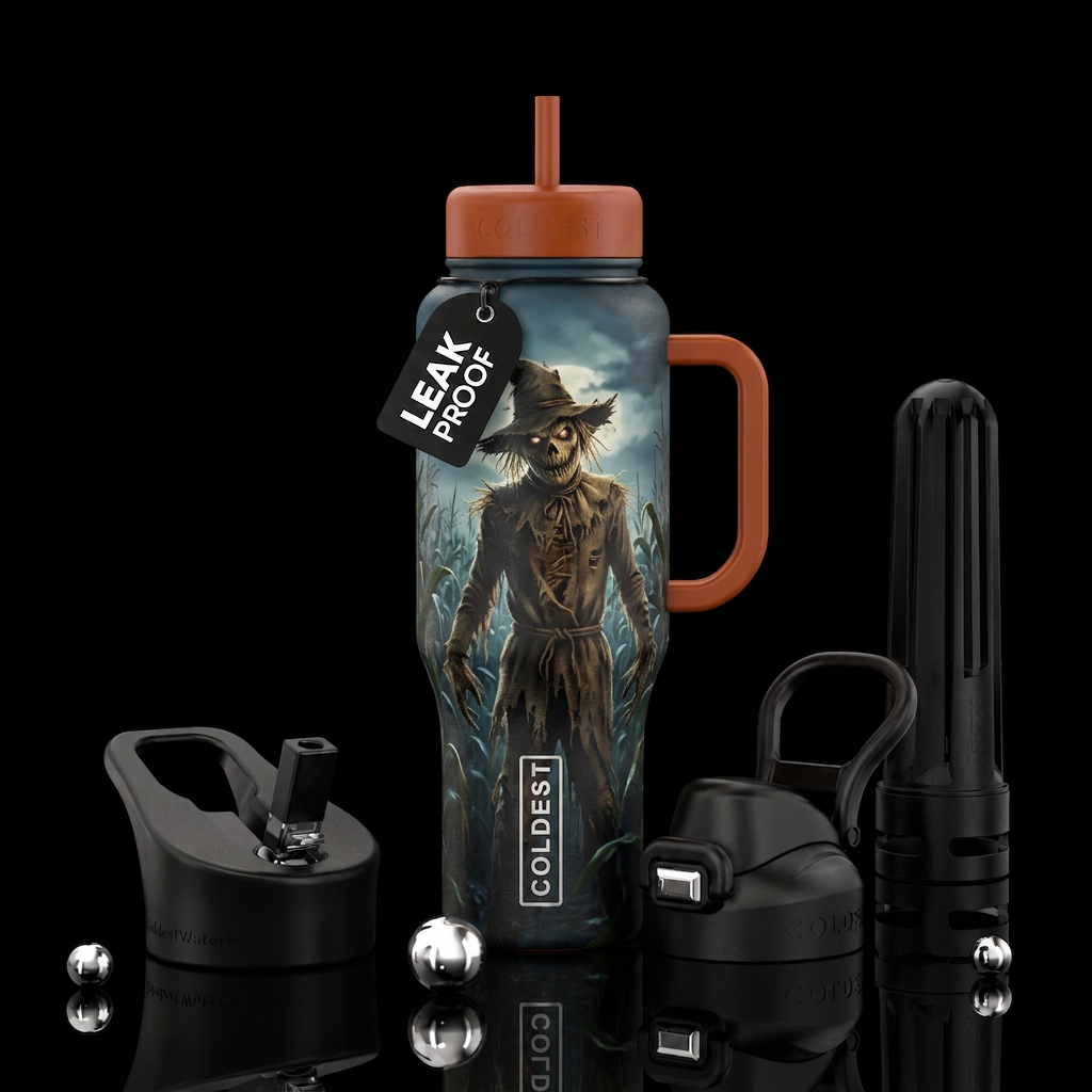 Scary scarecrow in corn field. Horror movie style water bottle design