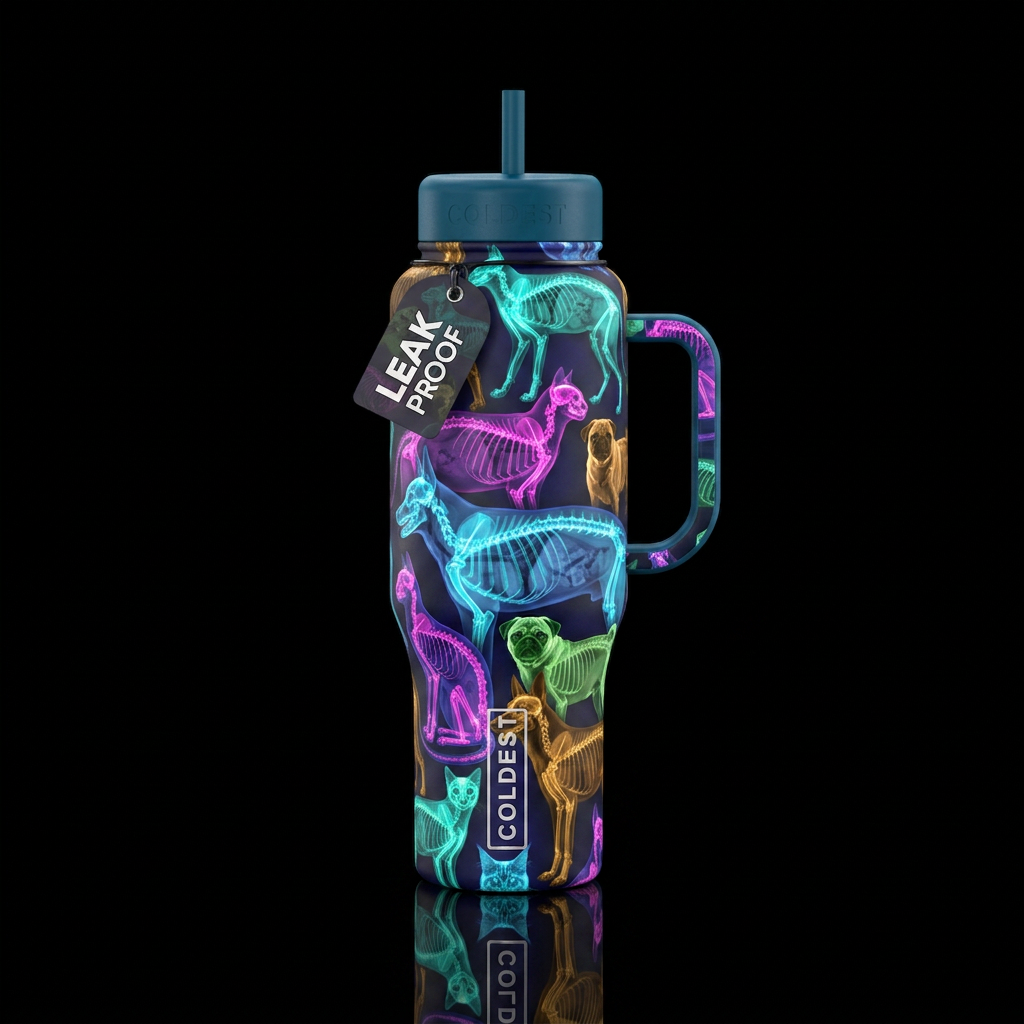 X-rays of different breeds of  cats and dogs. water bottle design