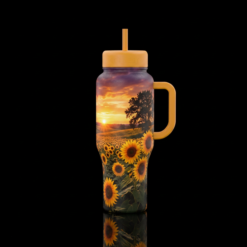 Sunflower field at sunset water bottle design