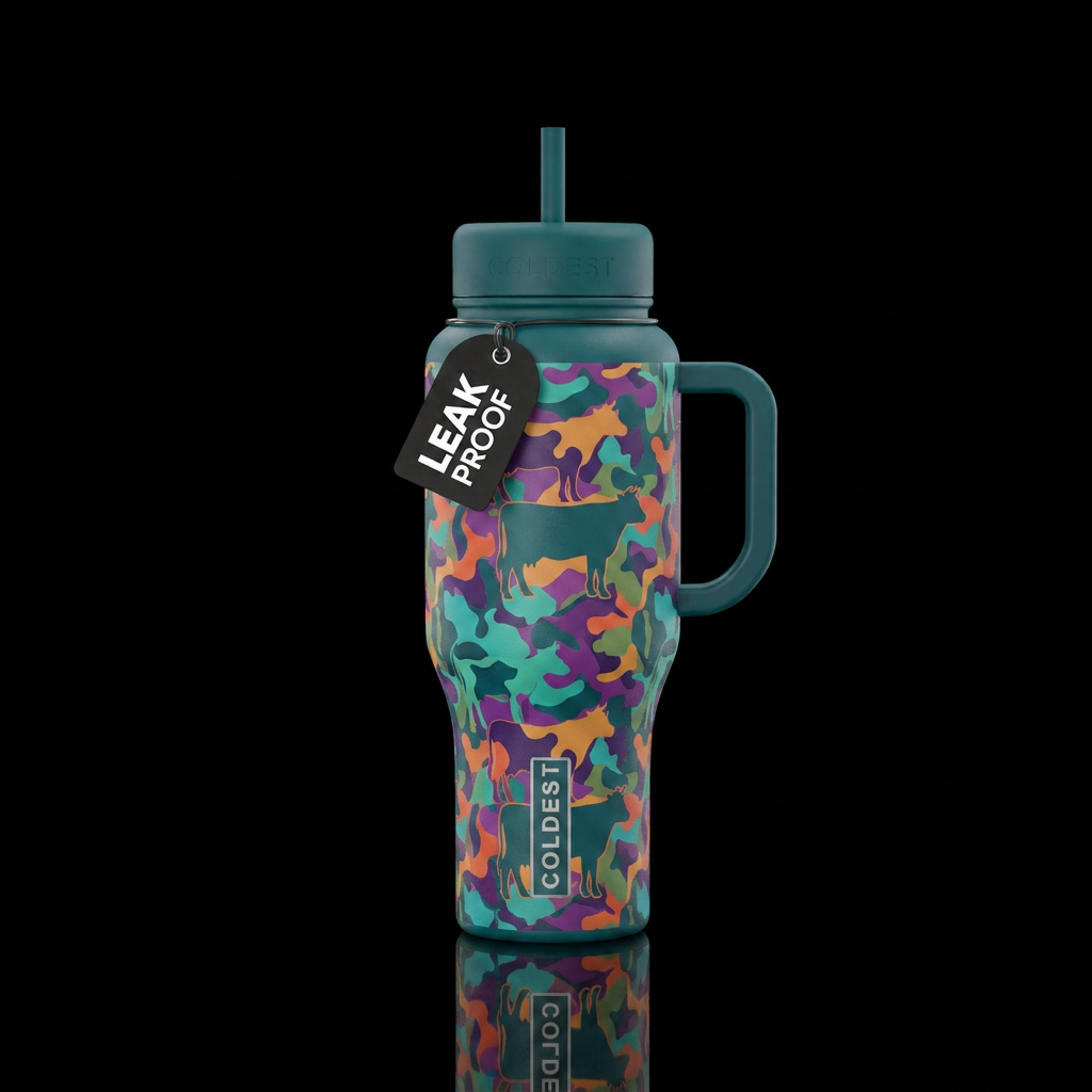 Hidden cow camouflage water bottle design