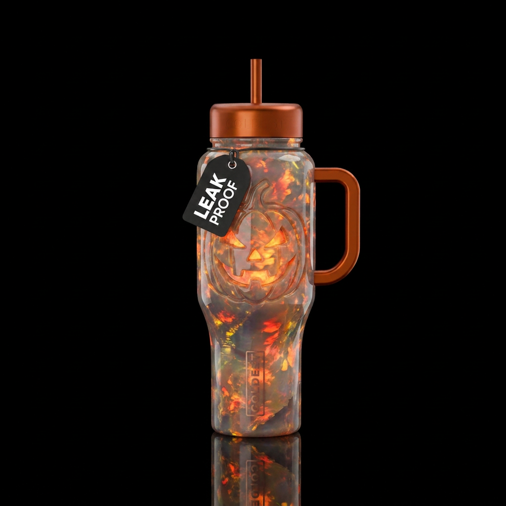 Fire opal background with carved pumpkin hidden in... water bottle design