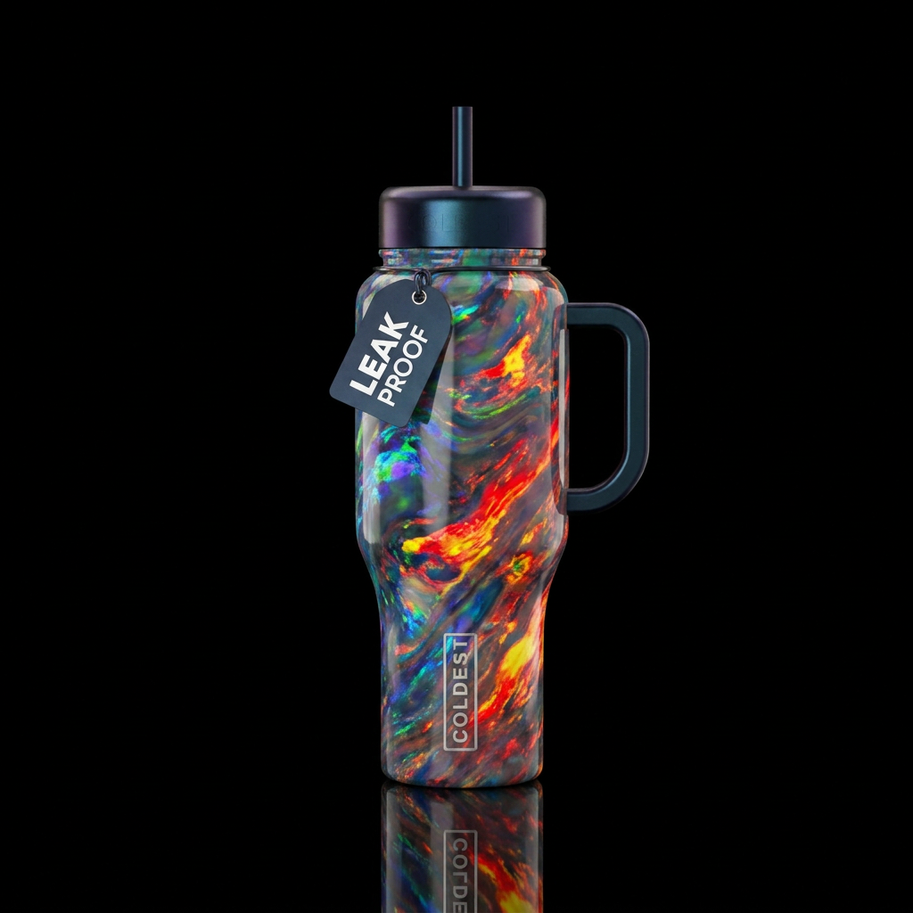 Black opal and fire opal swirling water bottle design