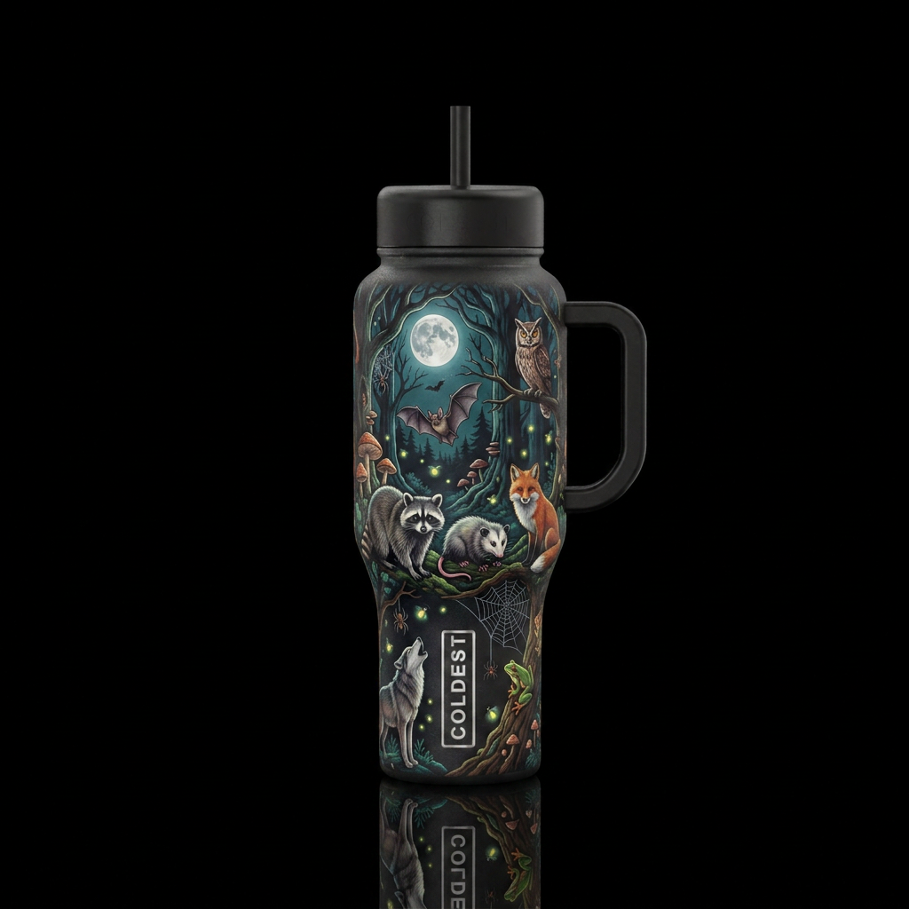 Blacklist colored forrest scene with mushrooms, ba... water bottle design
