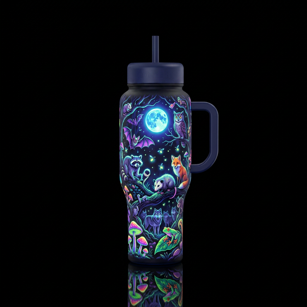 Blacklight colored forrest scene with mushrooms, b... water bottle design